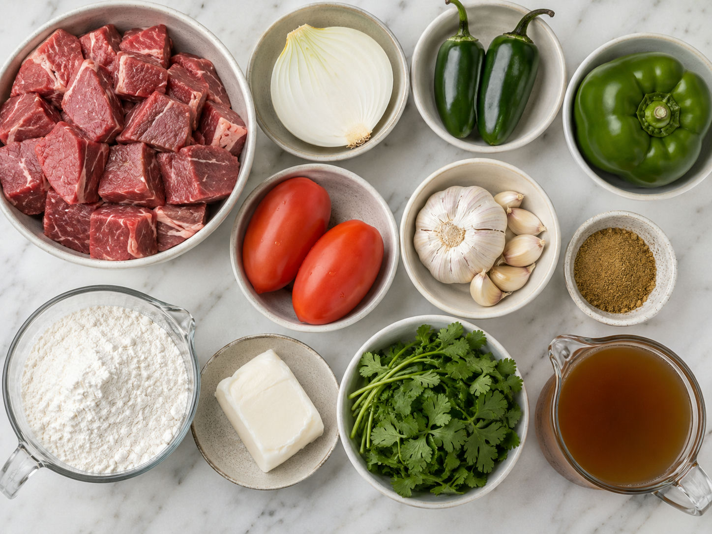 Raw ingredients for carne guisada and flour tortillas arranged on a wooden surface
