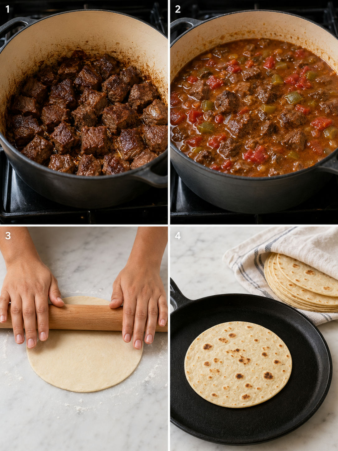 Four steps: beef searing, stew braising, dough rolling, and tortilla cooking on a comal