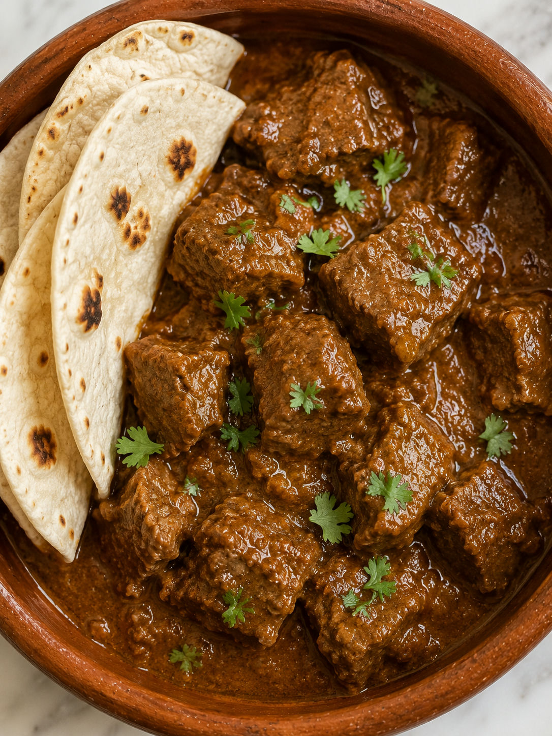 Overhead view of carne guisada stew with flour tortillas and cilantro on a rustic plate