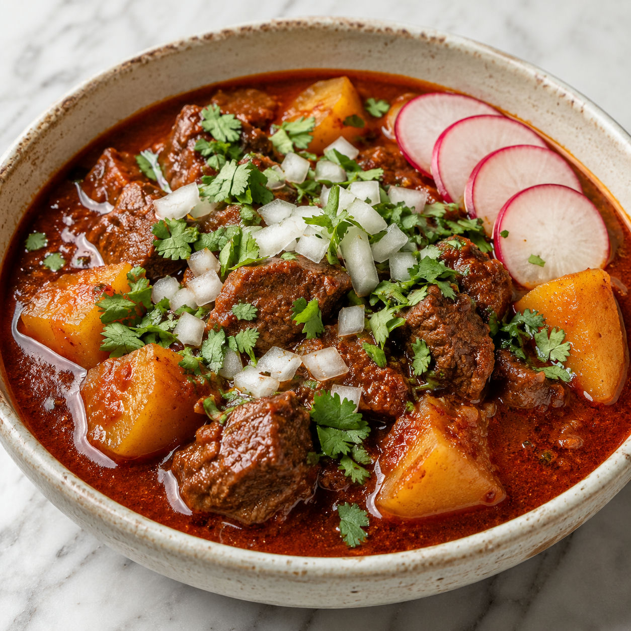 Bowl of Carne con Papas Rojo with tender beef and potatoes in brick-red guajillo chile sauce