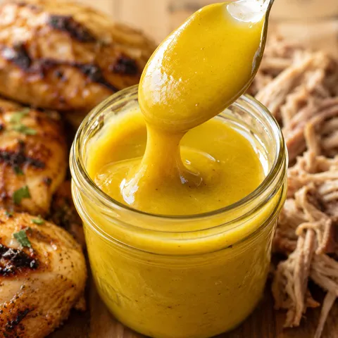 Carolina Gold Sauce in a glass jar with a spoon and grilled meat