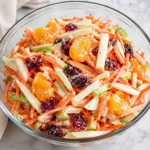 Carrot apple salad with cranberries and mandarins in a glass bowl