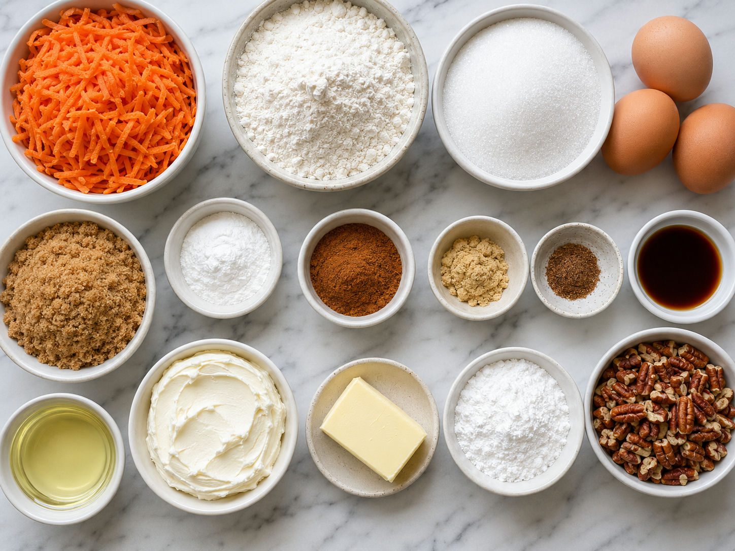 Ingredients for carrot cake roll with carrots, spices, cream cheese, and pecans