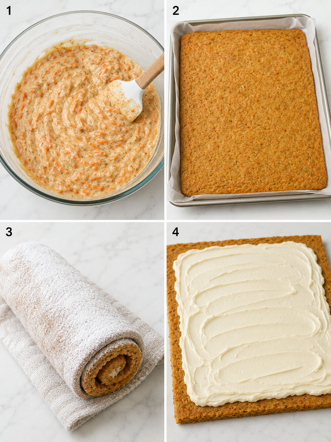 Four steps for making carrot cake roll from batter to cream cheese filling