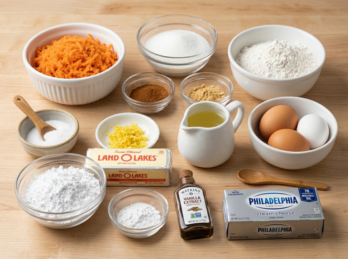 Ingredients for carrot cake roll with cream cheese filling