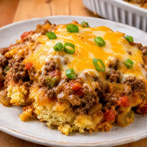 Cattle Drive Casserole with beef, biscuit crust, melted cheese, and green onion