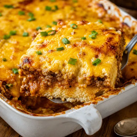 Cattle Drive Casserole with beef, biscuits, cheddar, and green onions
