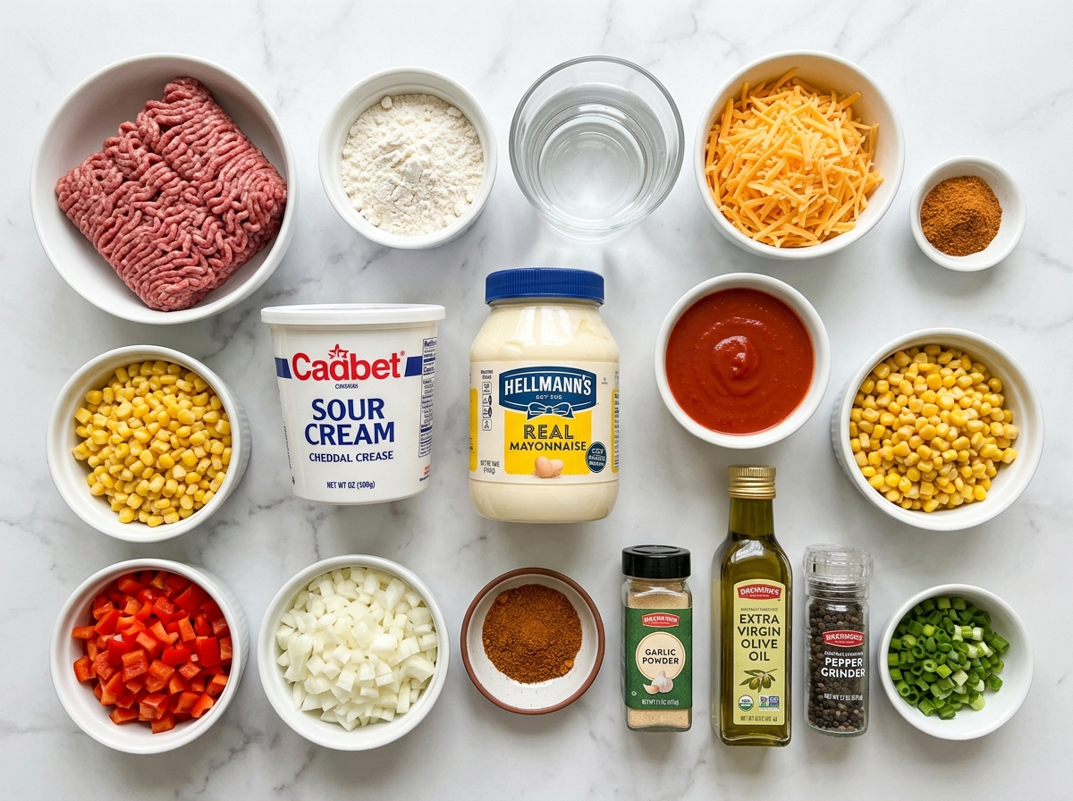 Ingredients for beef biscuit casserole with cheddar, corn, pepper, and sour cream