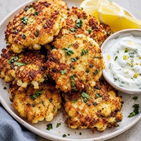 Golden cauliflower fritters with lemon yogurt sauce and parsley