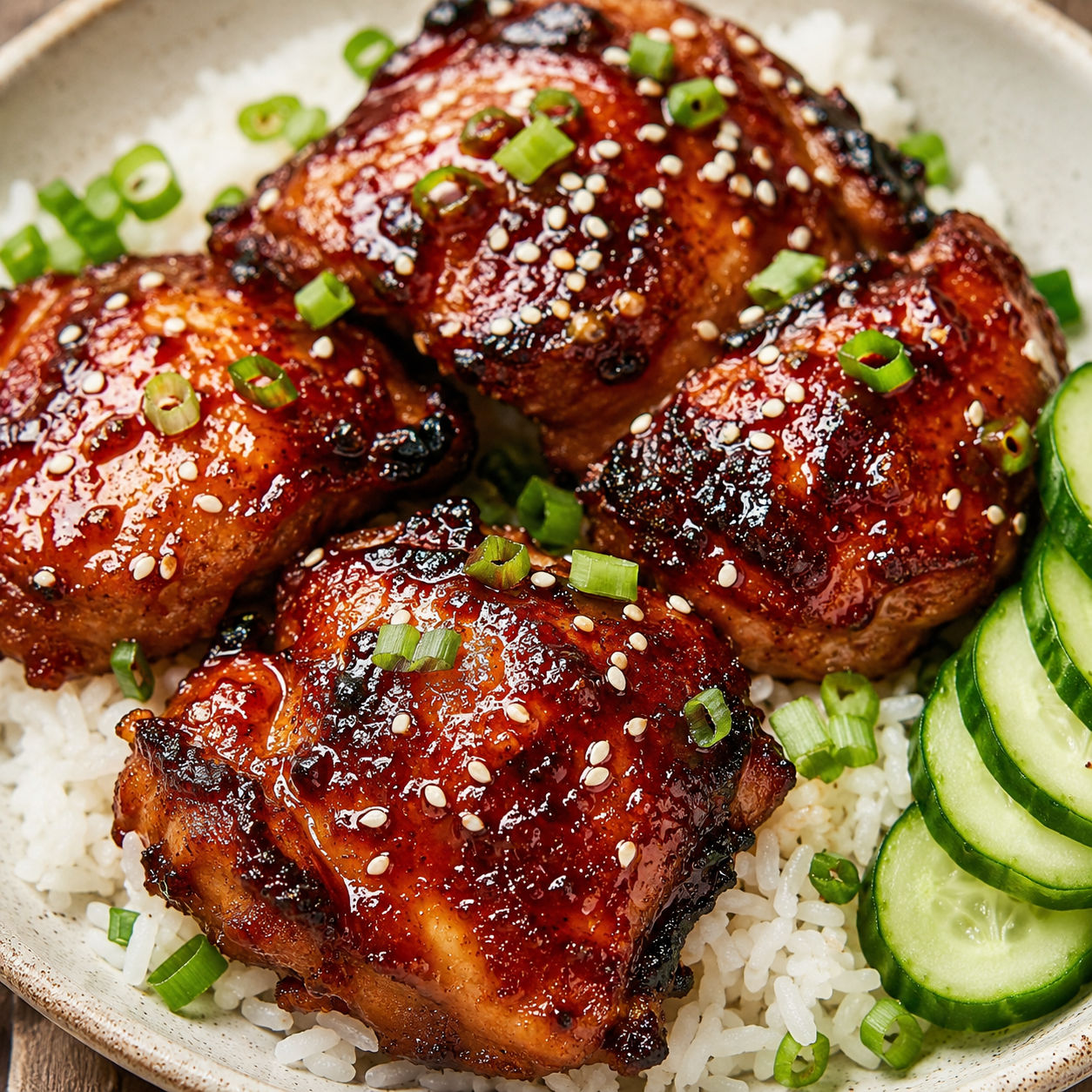 Char siu chicken thighs over rice with scallions and cucumber
