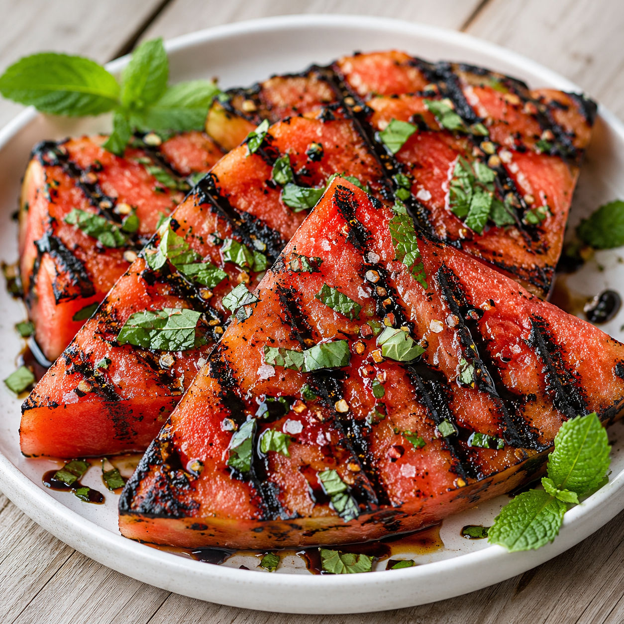Charred watermelon wedges with balsamic glaze, mint, and basil