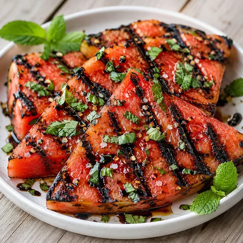 Charred watermelon wedges with balsamic glaze, mint, and basil