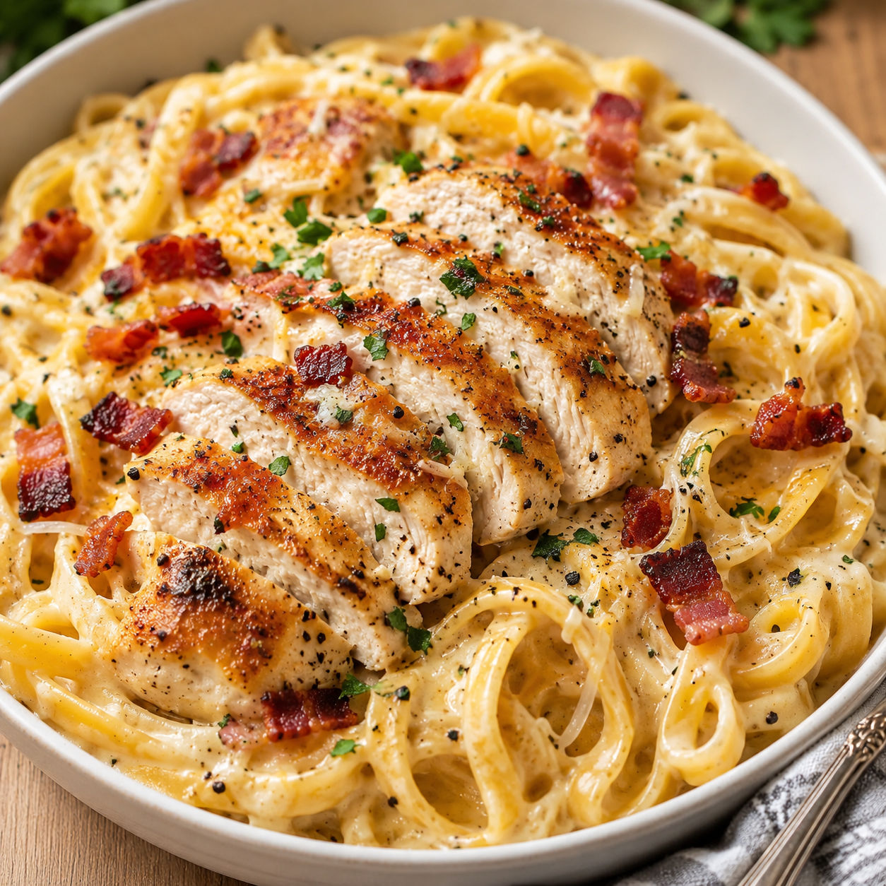 Cheddar bacon ranch chicken Alfredo pasta with parsley and crisp bacon