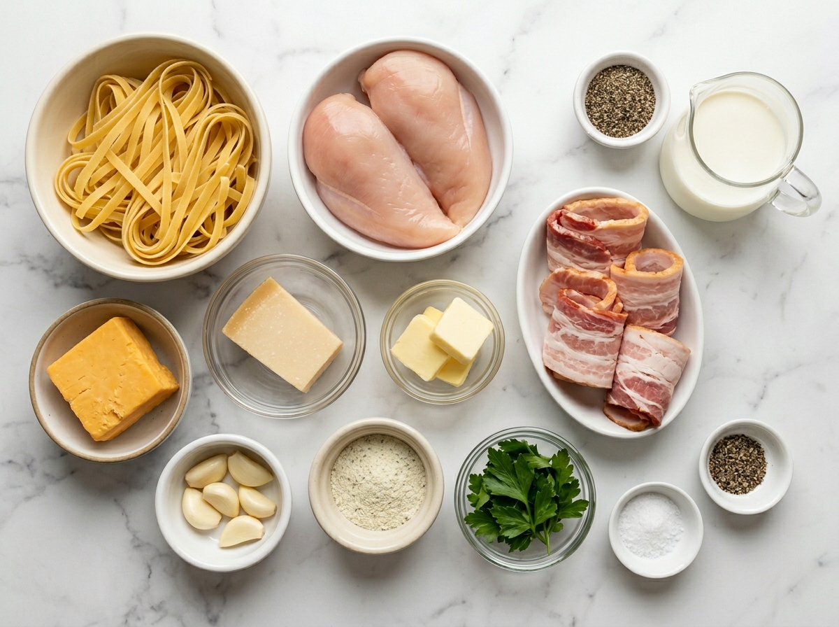 Ingredients for cheddar bacon ranch chicken Alfredo pasta on a wood surface