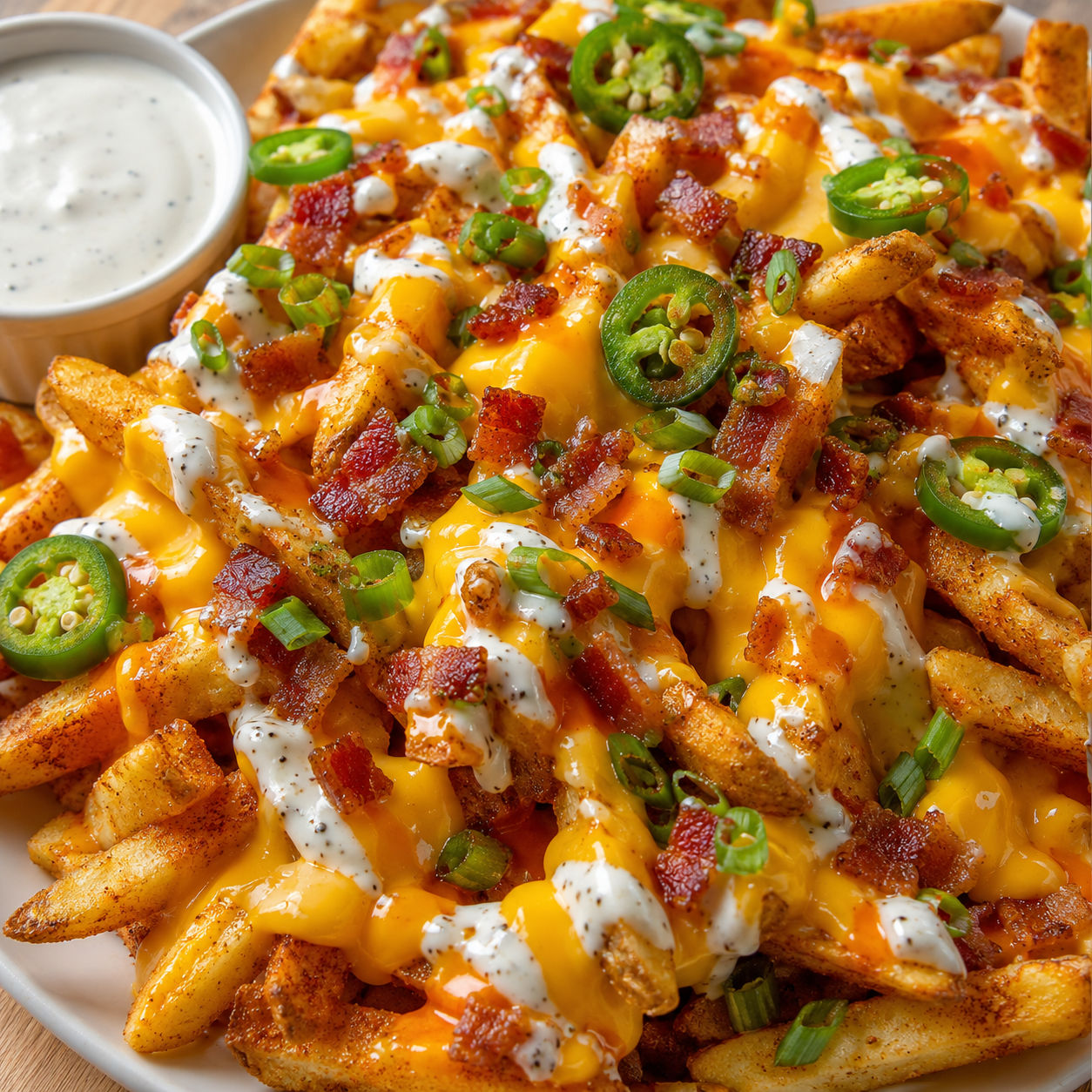 Cheddar bacon voodoo fries with ranch, jalapenos, and green onions