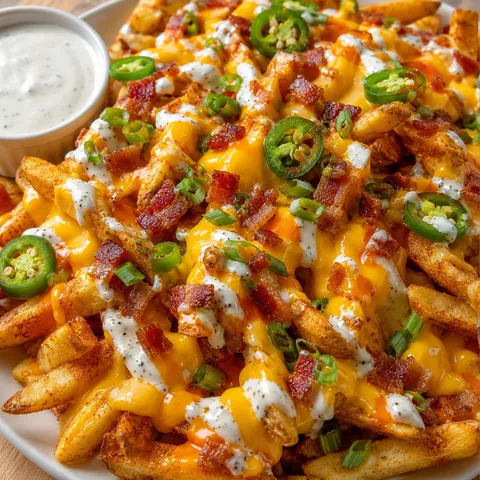 Cheddar bacon voodoo fries with ranch, jalapenos, and green onions