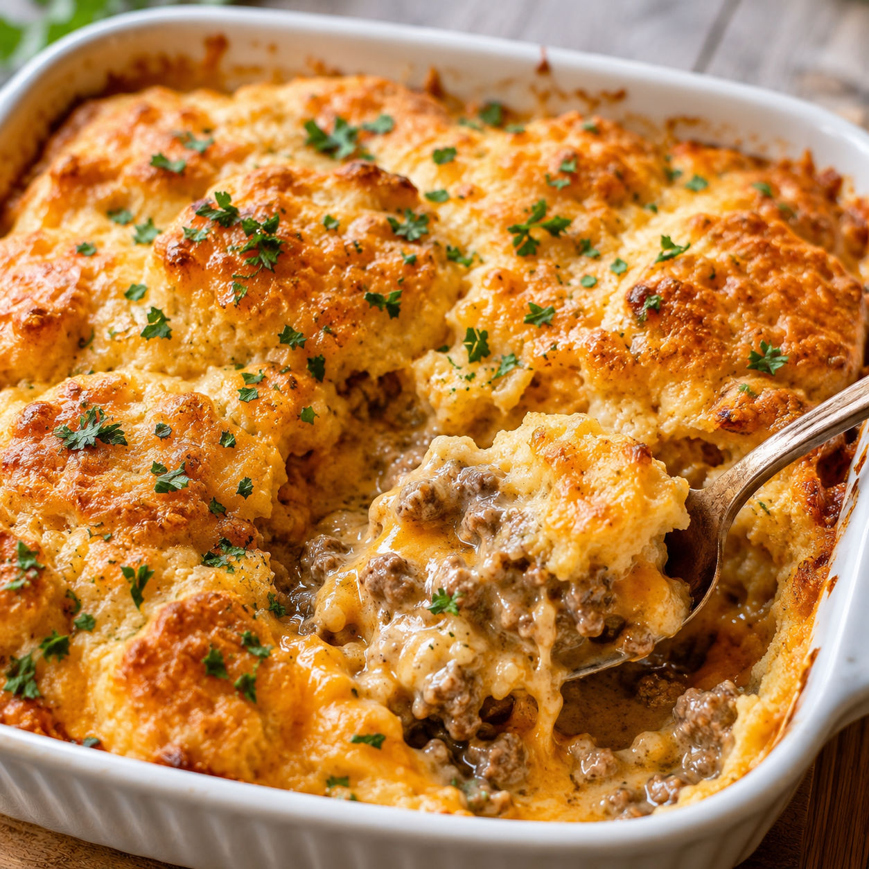 Cheddar Bay ground beef cobbler with golden biscuit topping and parsley