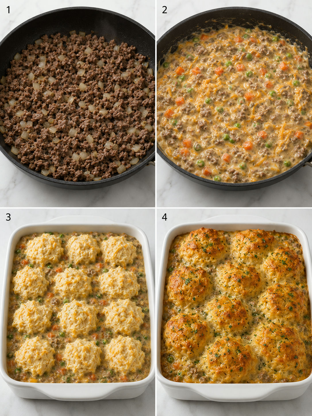 Four cooking steps for beef casserole with cheddar garlic biscuit topping