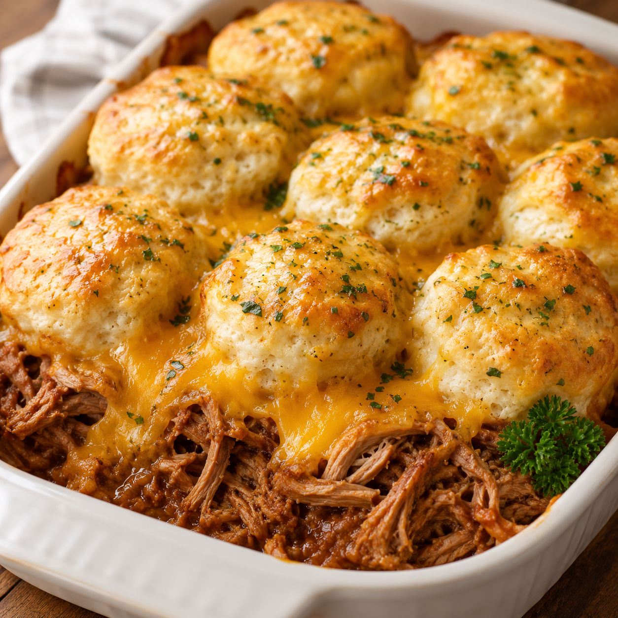 Cheddar Bay pulled pork casserole with golden biscuits and melted cheese