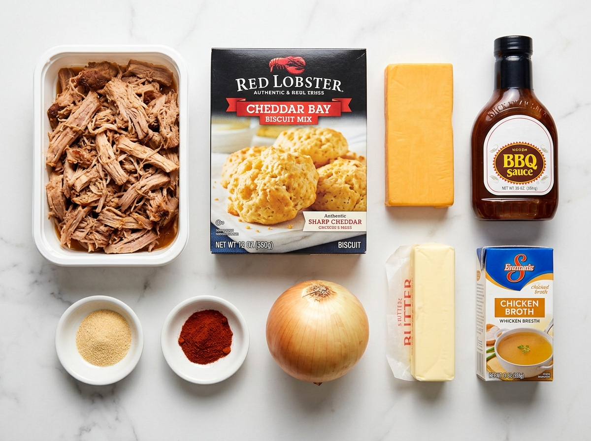 Raw ingredients for Cheddar Bay pulled pork casserole on a wooden board