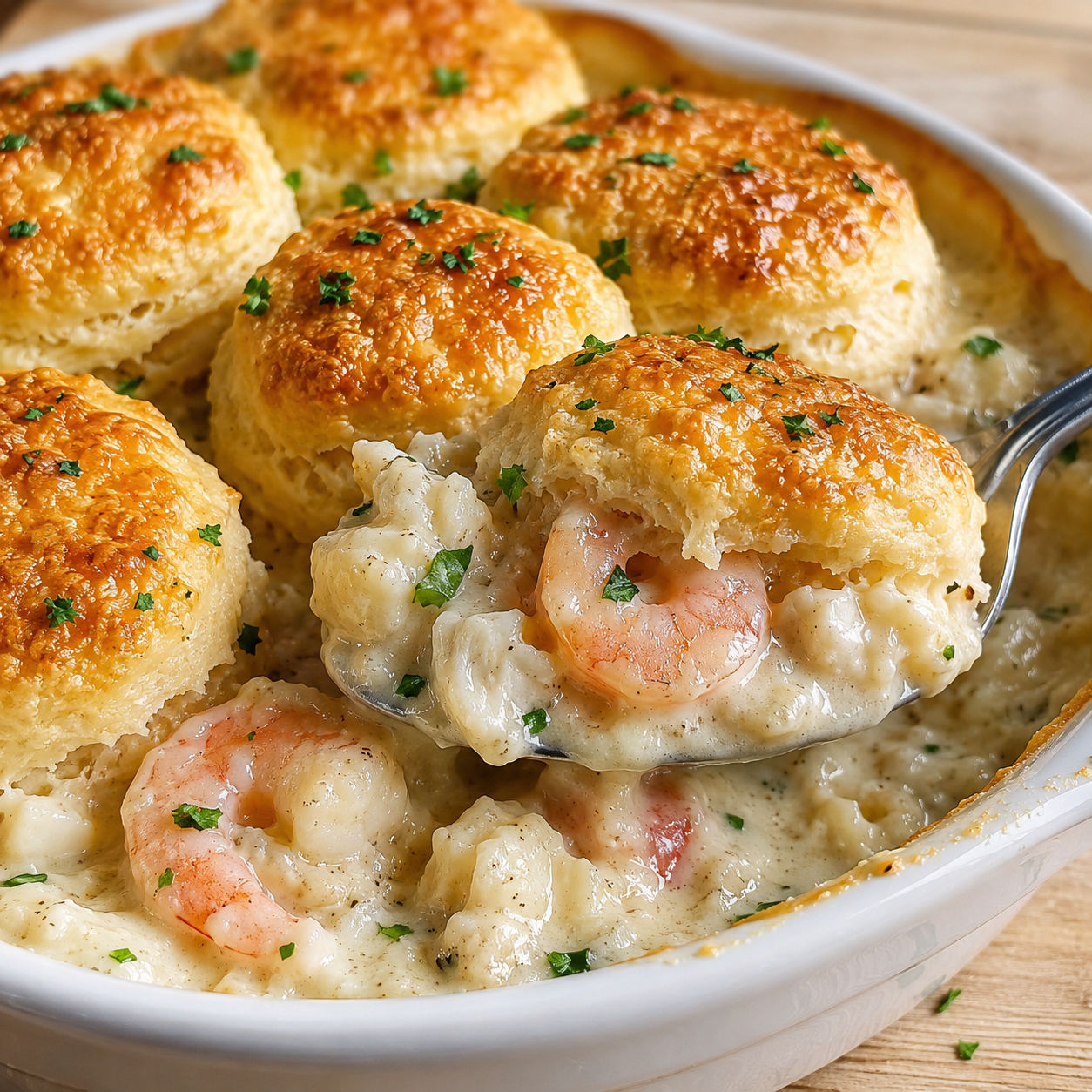Cheddar Bay seafood pie with shrimp, crab, golden biscuits, and parsley