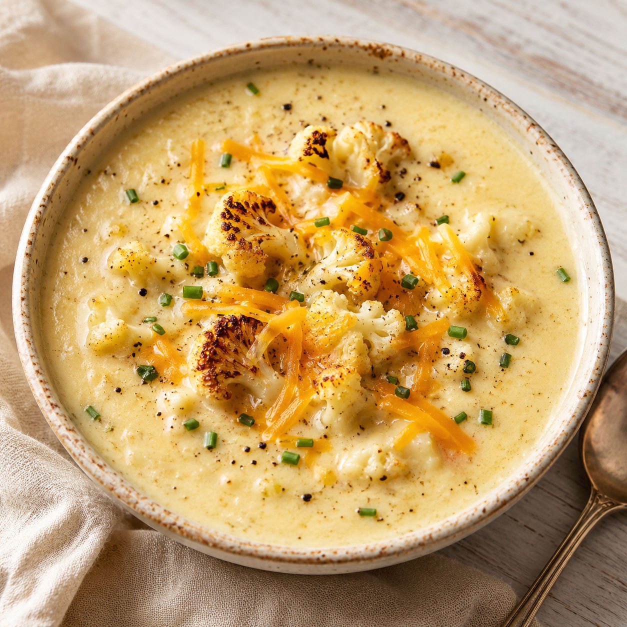Cheddar cauliflower roasted garlic soup with chives and roasted florets