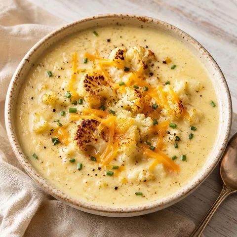 Cheddar cauliflower roasted garlic soup with chives and roasted florets
