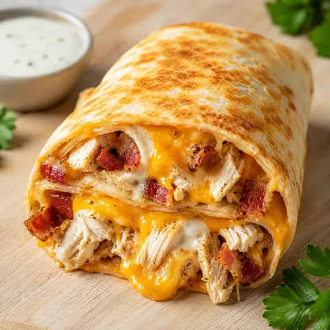 Baked cheddar ranch chicken bacon wrap cut in half on a wooden board