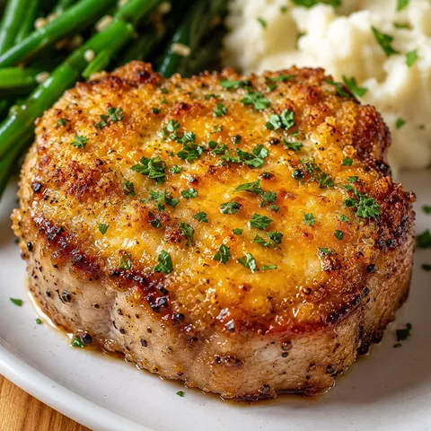 Cheddar ranch pork chops with crispy coating and parsley on a dinner plate