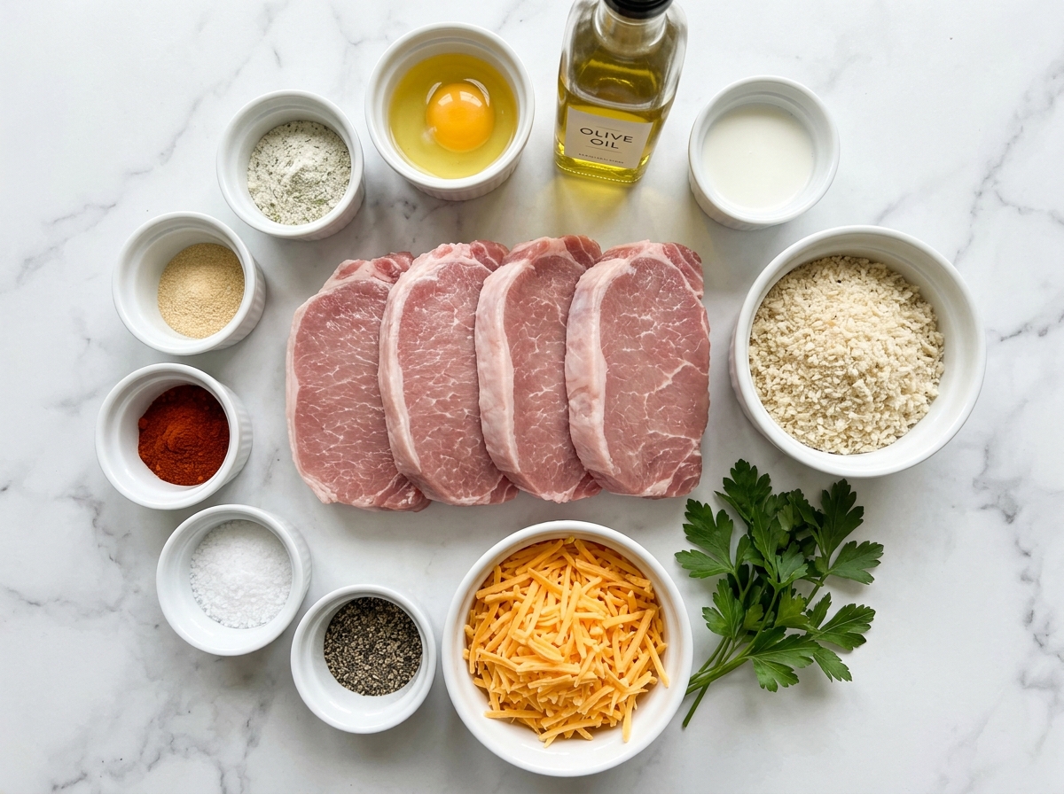 Raw pork chops, cheddar, panko, ranch seasoning, egg, milk, and parsley