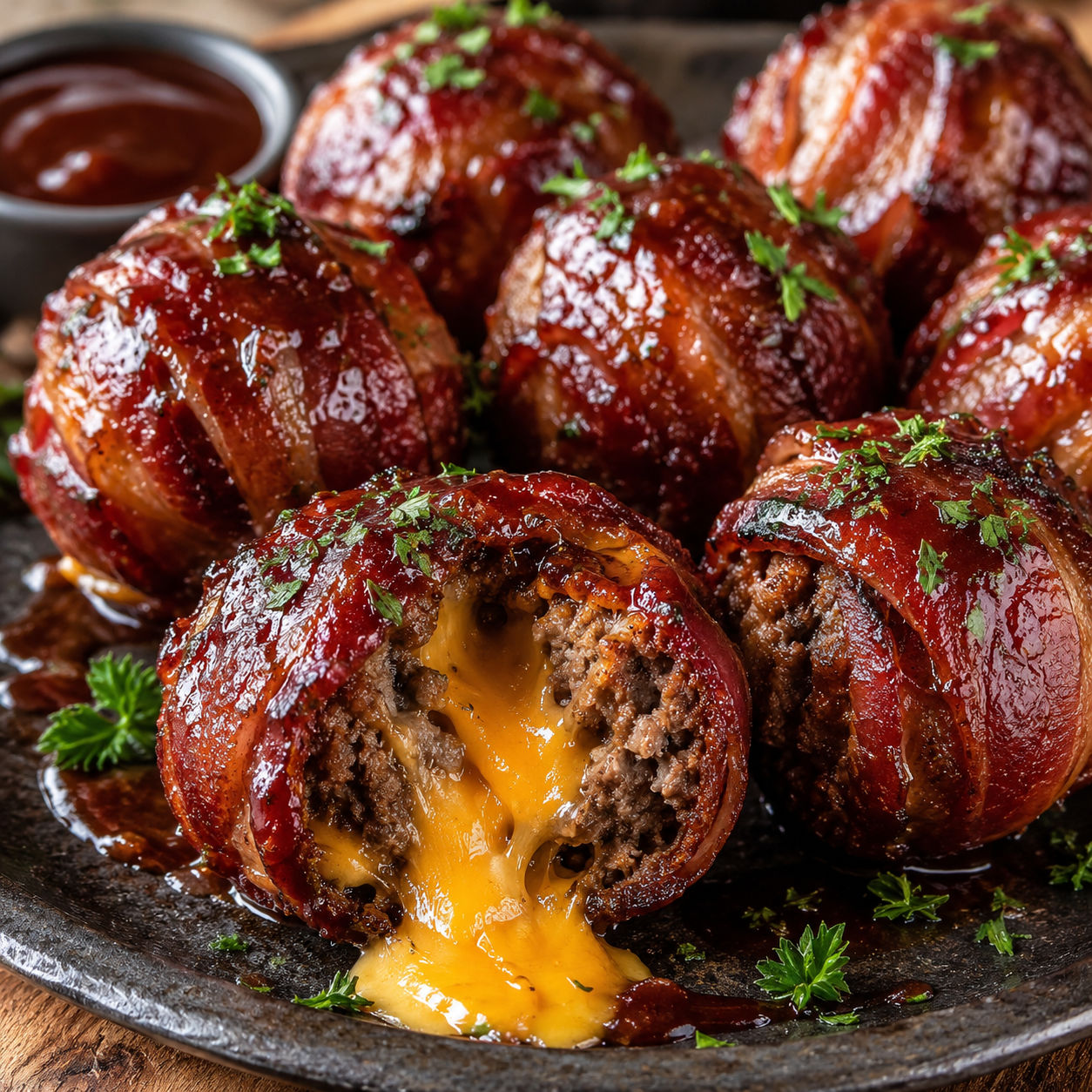 BBQ bacon bombs with cheddar centers and smoky glaze on a platter