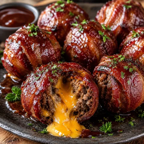 BBQ bacon bombs with cheddar centers and smoky glaze on a platter