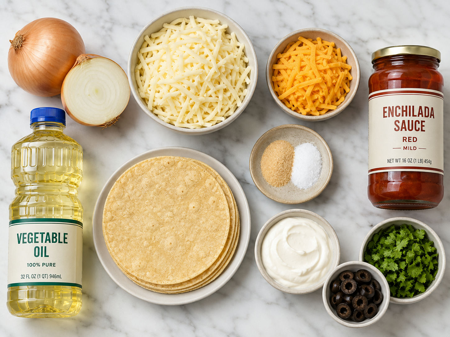 Ingredients for cheese and onion enchiladas including corn tortillas, shredded cheese, yellow onions, and red enchilada sauce