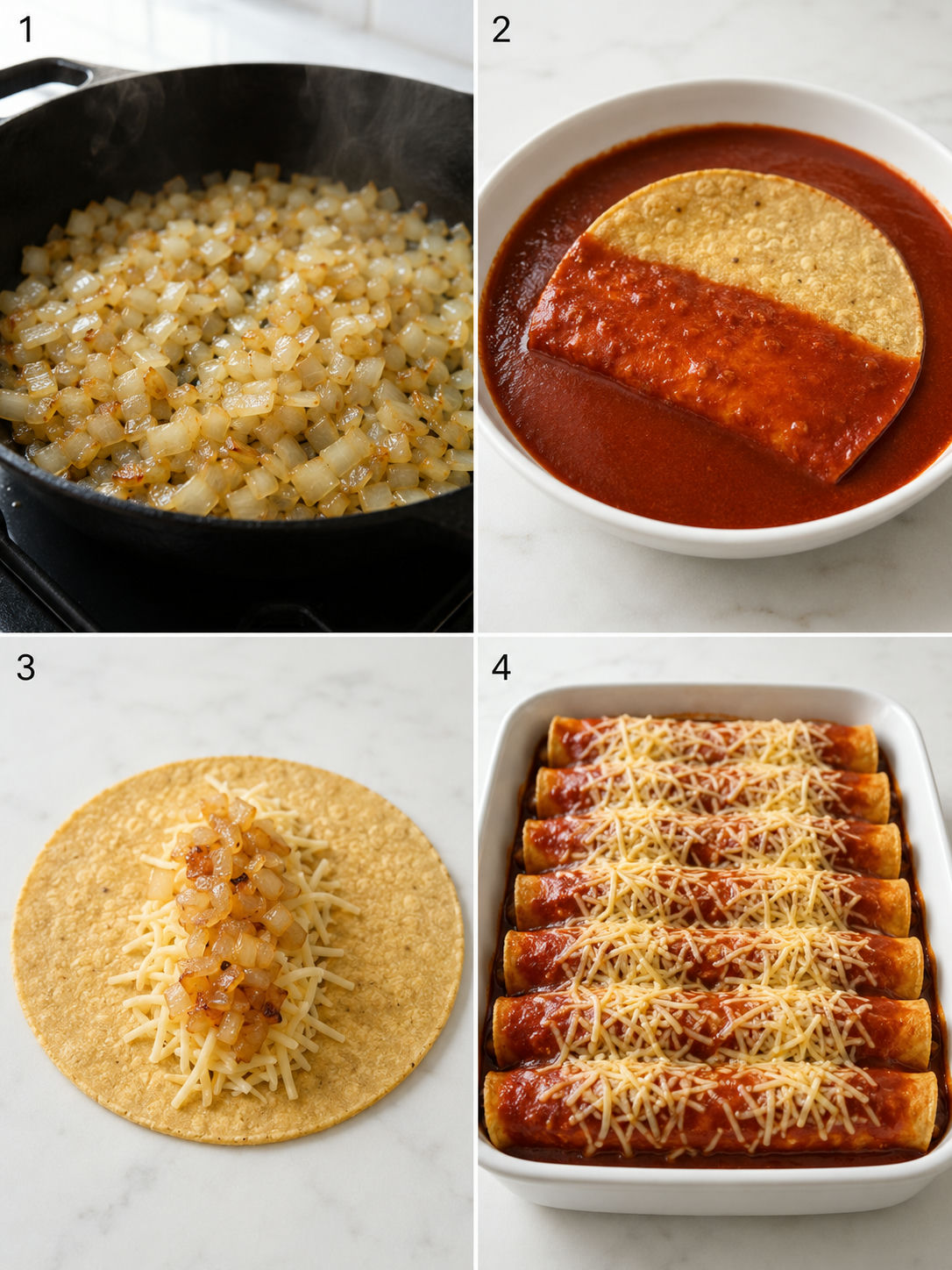 Four cooking steps for cheese and onion enchiladas from caramelizing onions to assembling in the baking dish