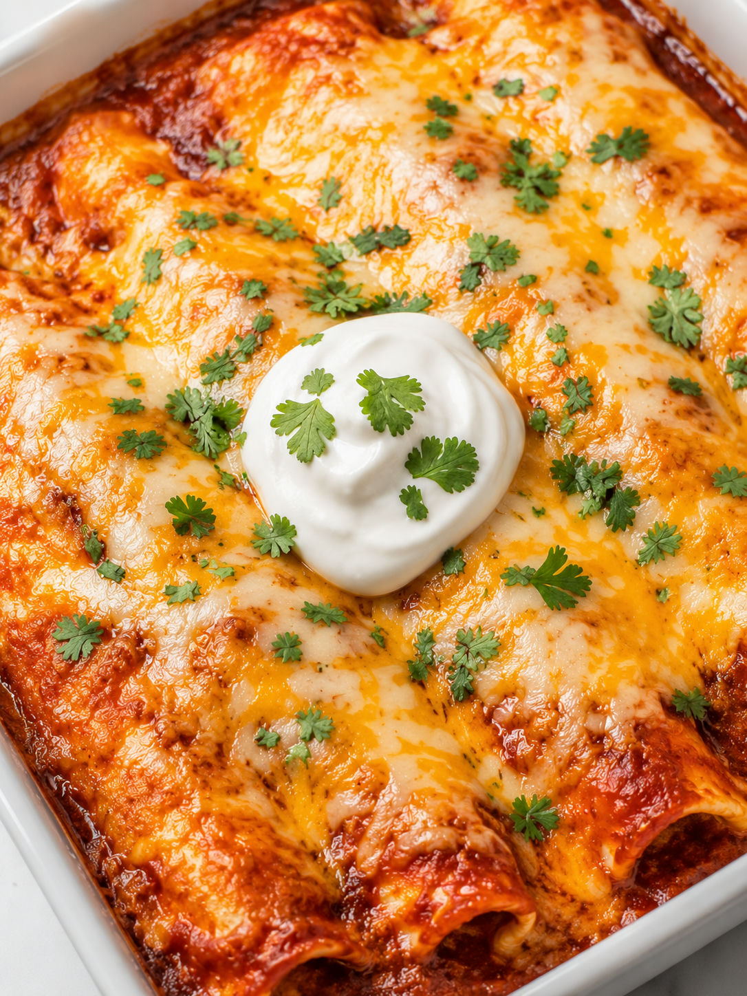 Cheese and onion enchiladas with red sauce, bubbling melted cheese, sour cream, and cilantro garnish