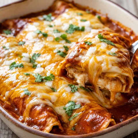Cheese enchiladas with chili gravy, melted cheese, onion, and cilantro