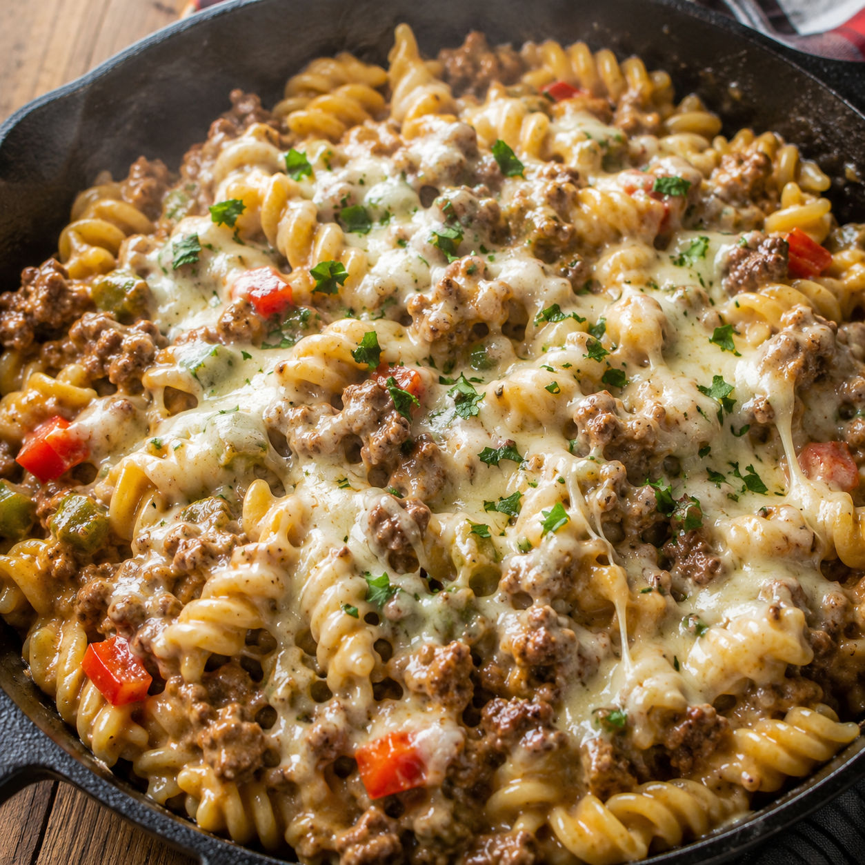 Cheese steak hamburger helper with melted mozzarella and rotini pasta in a skillet