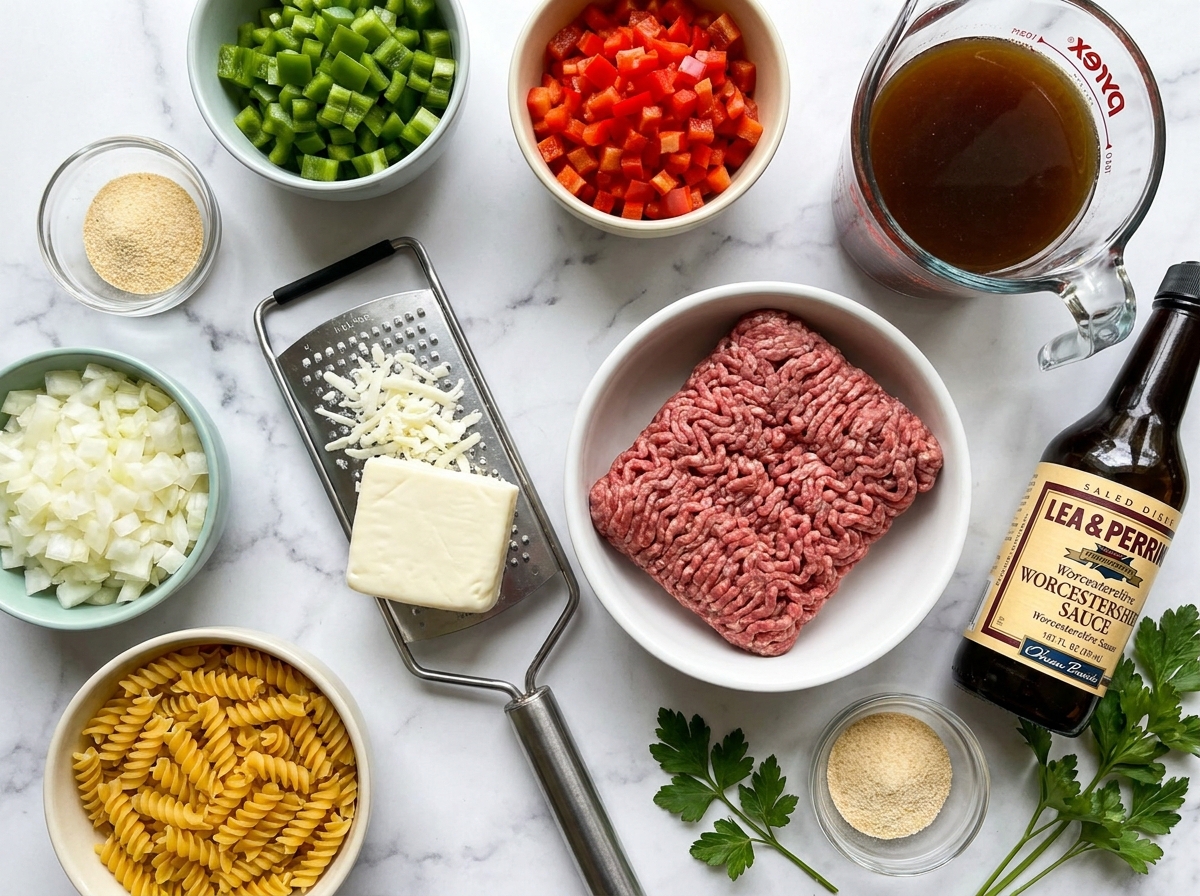 Raw ingredients for cheese steak hamburger helper on a wooden board