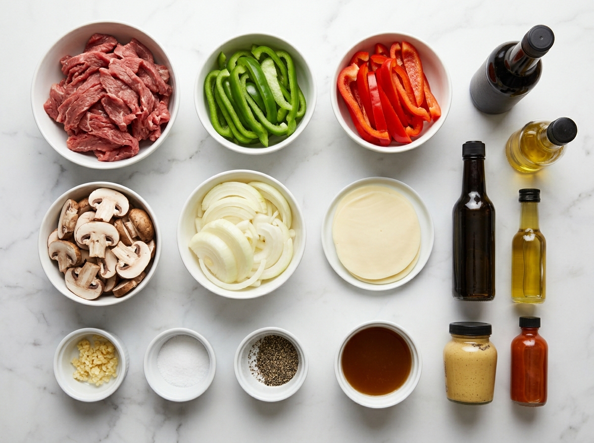 Raw beef, peppers, mushrooms, onion, and provolone for cheese steak skillet