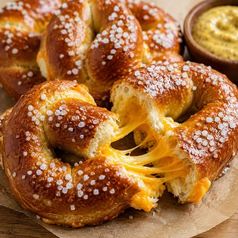 Cheese-Stuffed Pretzels with melted cheddar and coarse salt