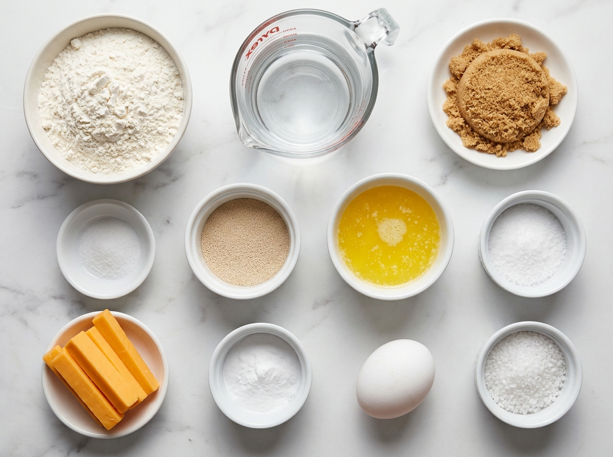 Ingredients for Cheese-Stuffed Pretzels with cheddar sticks and flour