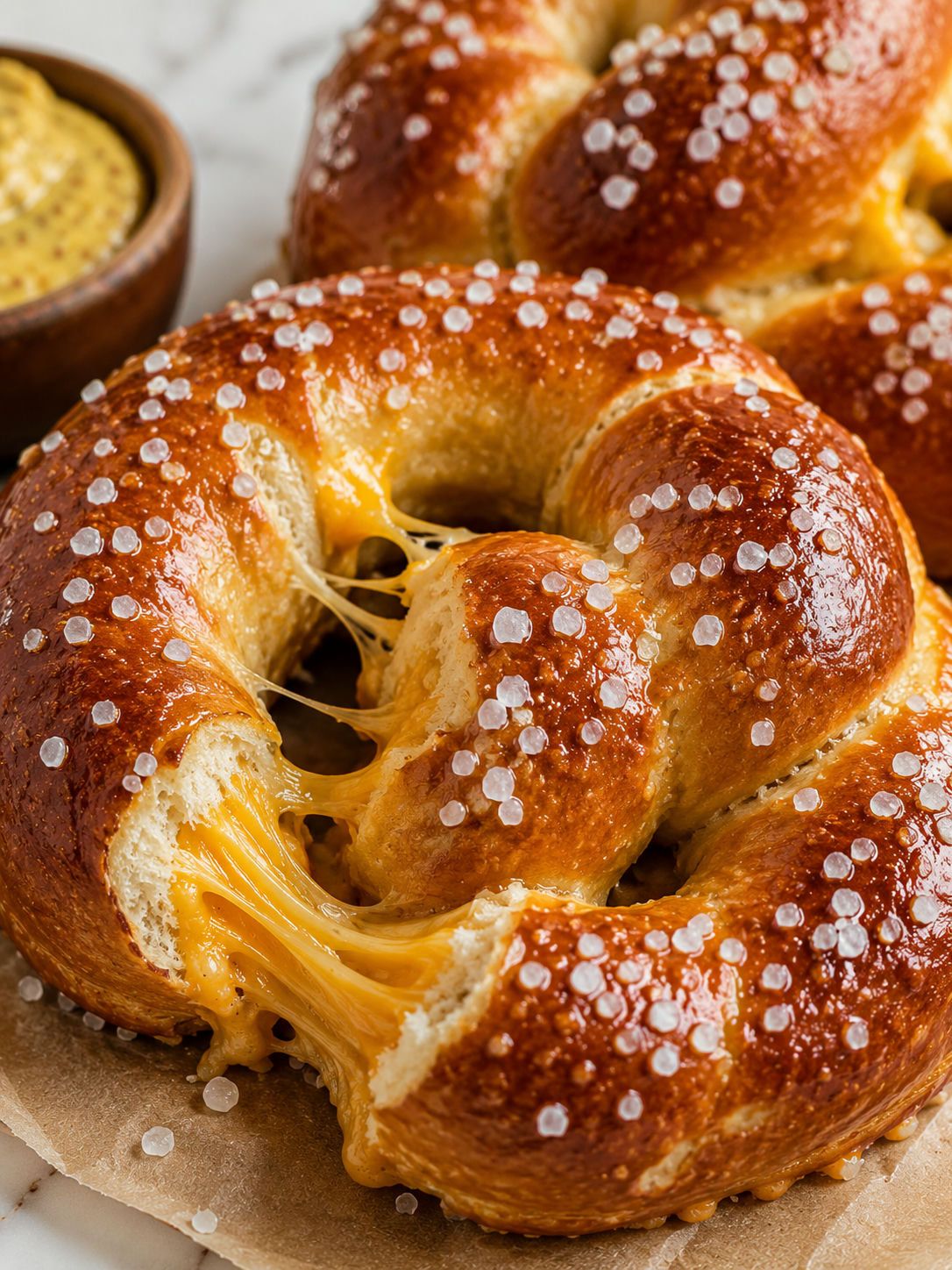 Cheese-Stuffed Pretzels, plated and served