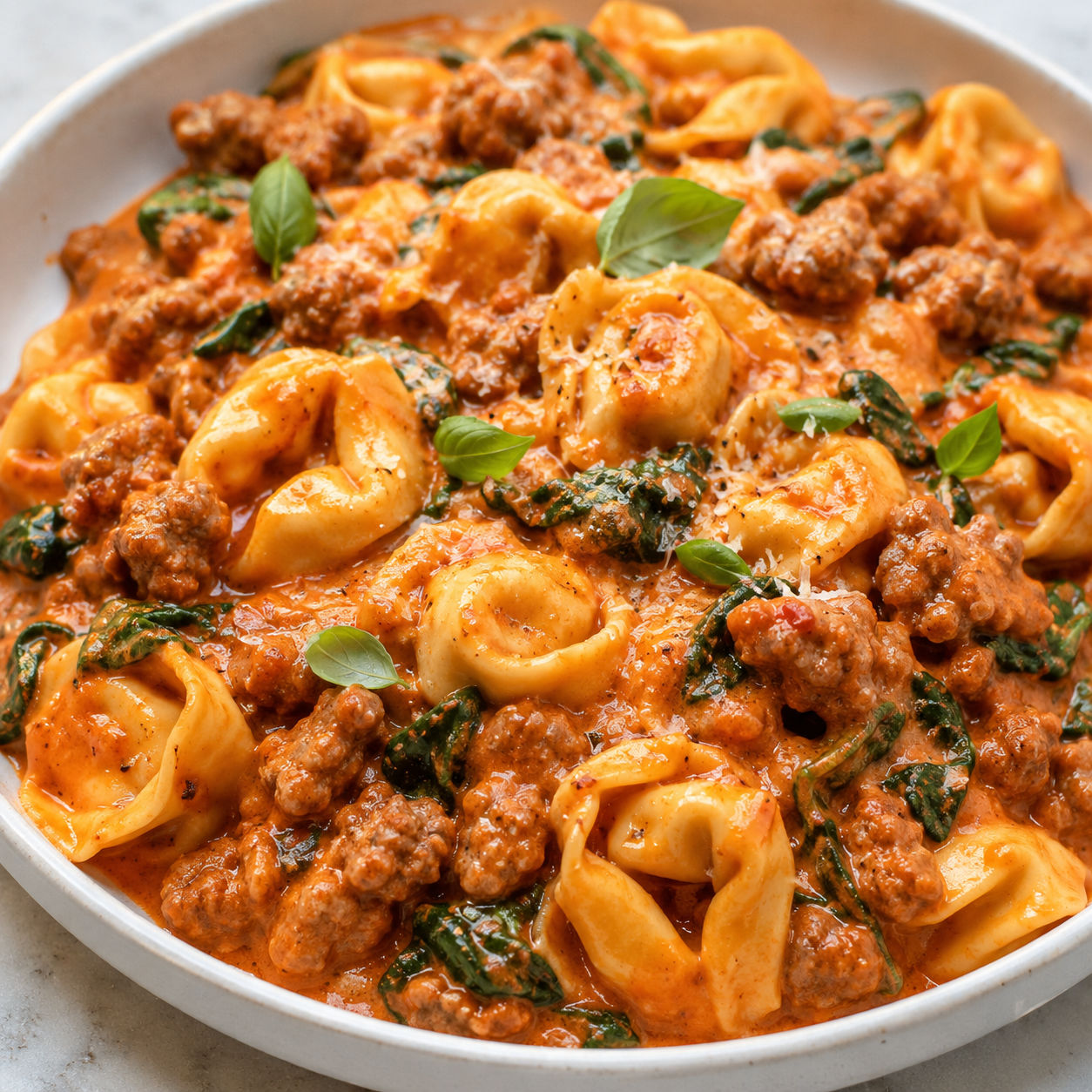 Cheese tortellini with sausage, spinach, parmesan, and creamy tomato sauce