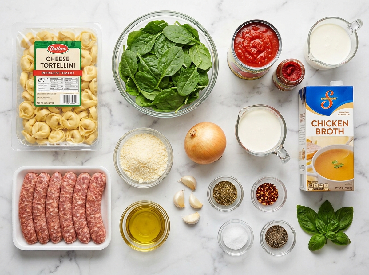 Ingredients for creamy tomato tortellini with sausage and spinach