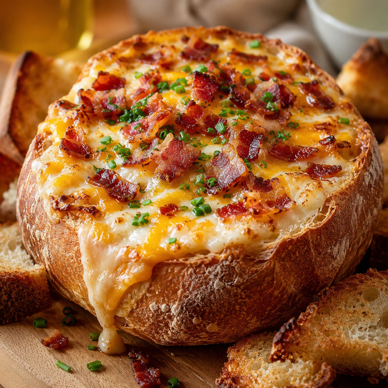 Mini cob loaf filled with creamy bacon cheese dip and chives