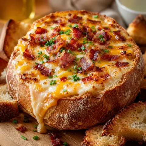 Mini cob loaf filled with creamy bacon cheese dip and chives