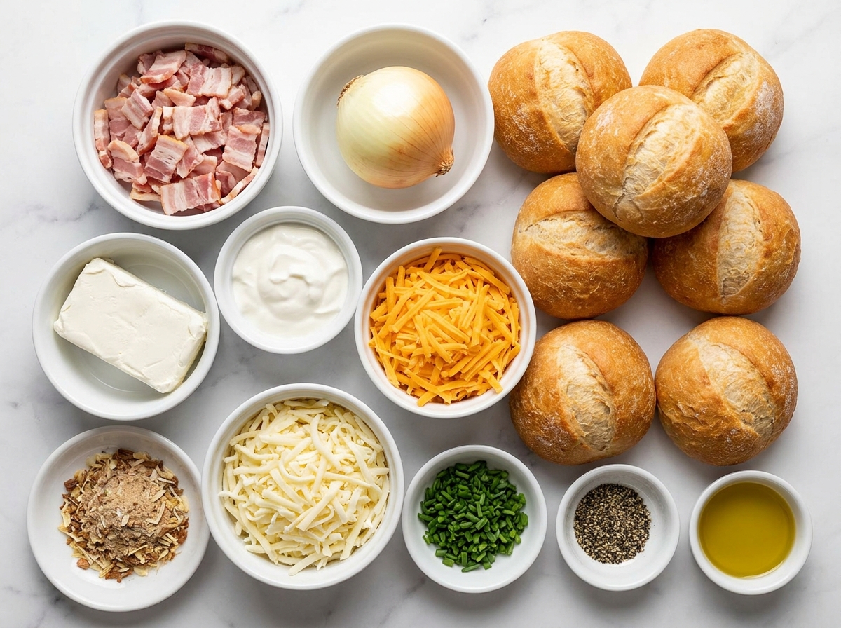 Ingredients for mini bacon cheese cob loaves on a wooden surface