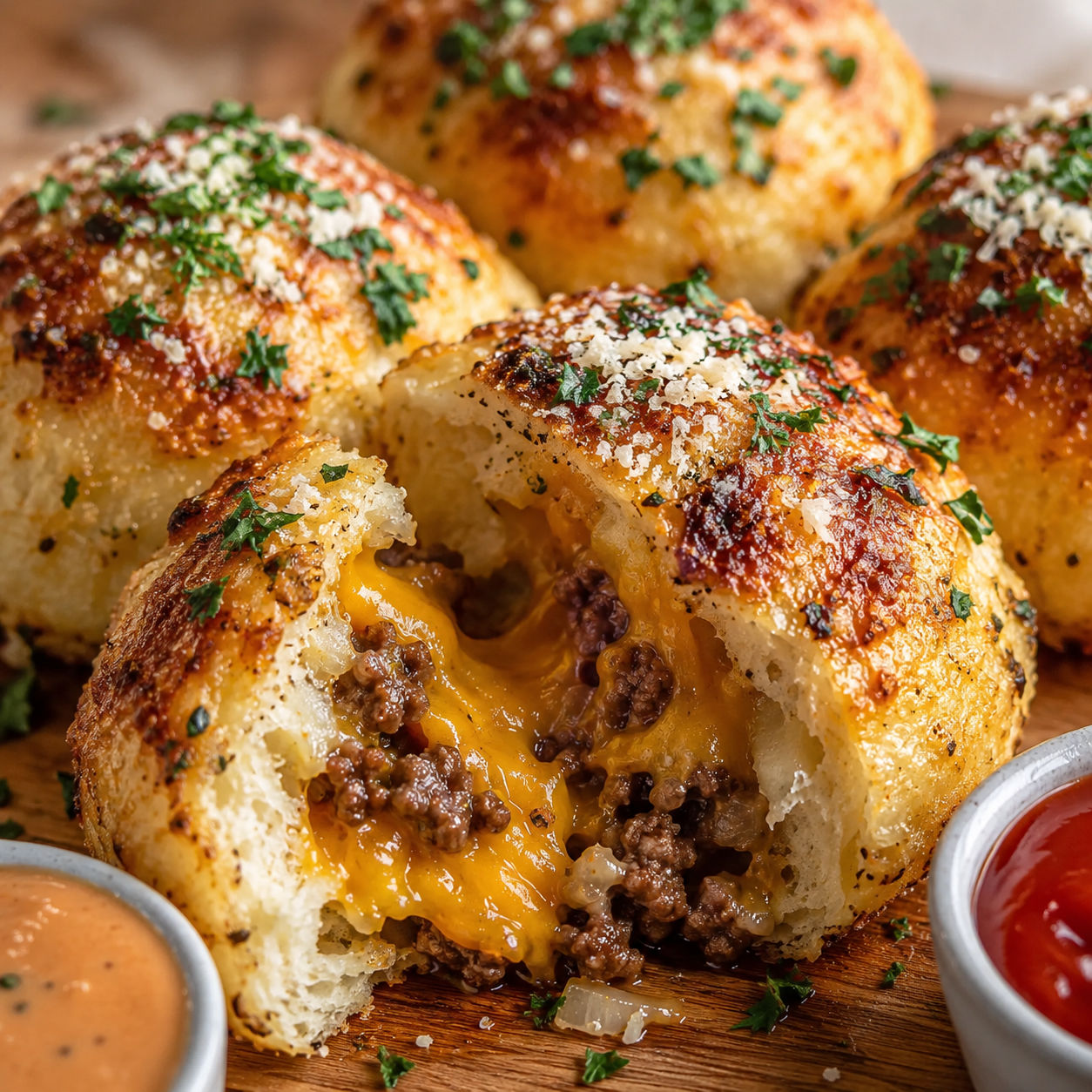 Garlic parmesan cheeseburger bombs with melted cheddar and parsley