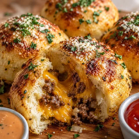 Garlic parmesan cheeseburger bombs with melted cheddar and parsley