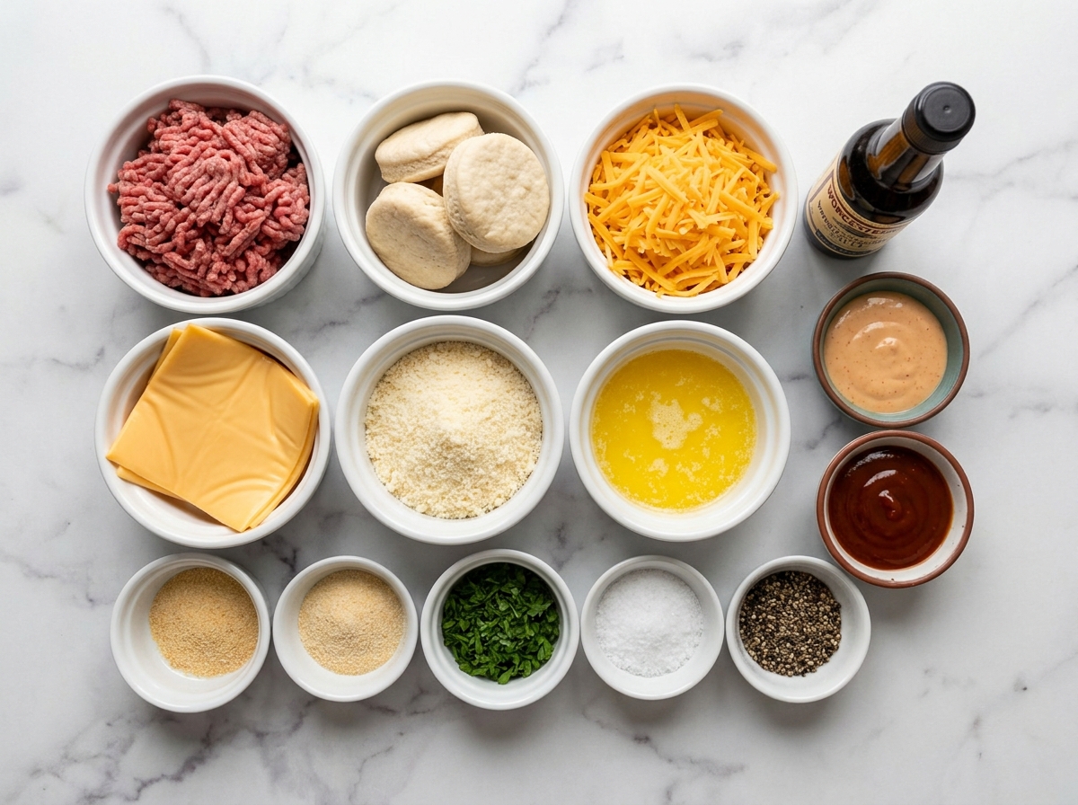 Ingredients for garlic parmesan cheeseburger bombs on a wooden surface